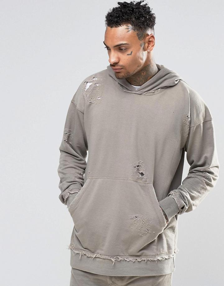 Other Uk Oversized Distressed Hoodie - Stone