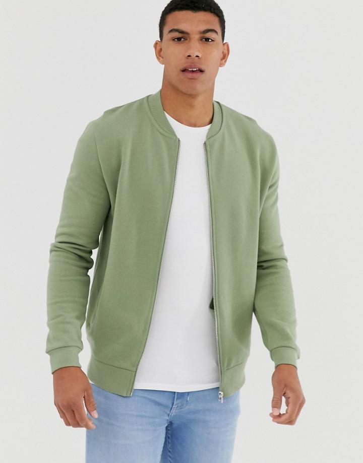 Asos Design Jersey Bomber Jacket In Khaki - Green
