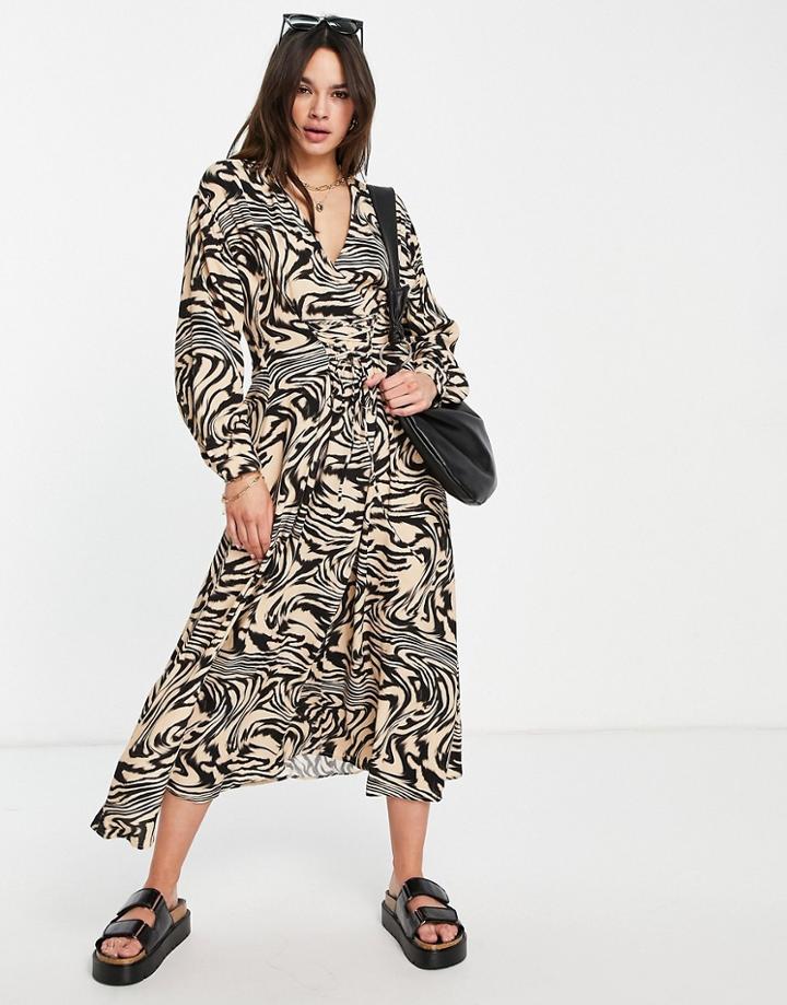 Mango Lace Up Front Midi Dress In Animal Print-multi