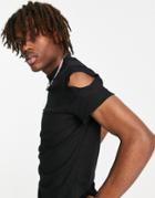 Asos Design Muscle Fit Waffle T-shirt With Cold Shoulder In Black