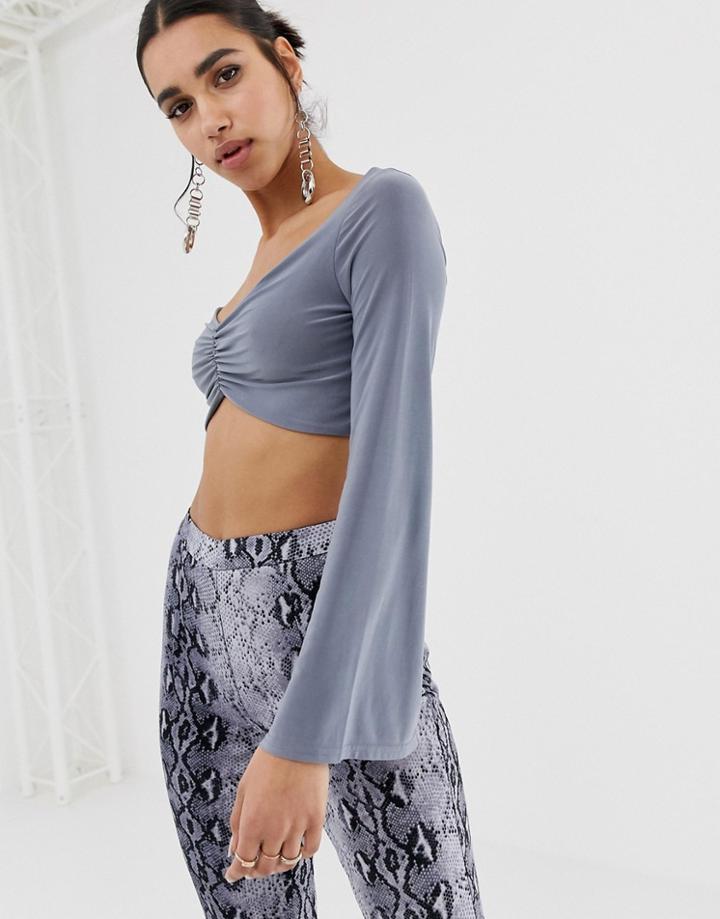 Prettylittlething Slinky Ruched Crop Top With Flared Sleeves In Gray - Blue