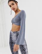 Prettylittlething Slinky Ruched Crop Top With Flared Sleeves In Gray - Blue