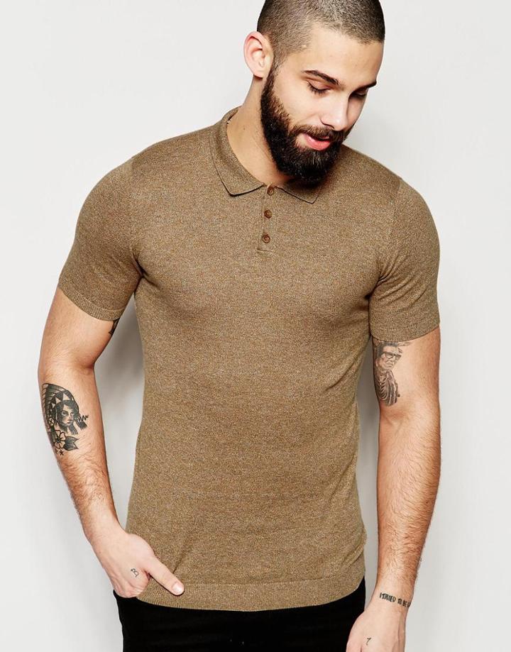 Asos Muscle Fit Knitted Polo Shirt In Mustard Twist - Mustard Twist