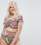 Asos Design Curve Cross Front Underwired Bikini Top In Festival Tropical Print-multi