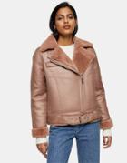 Topshop Faux Leather Aviator Jacket In Dusty Pink