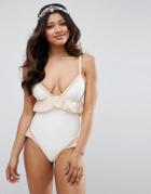 Asos Bridal Contrast Frill Plunge Swimsuit - White