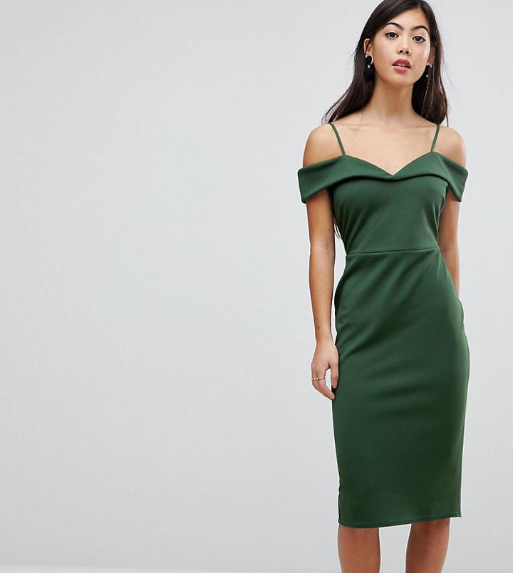 Asos Petite Scuba Strappy Bardot Pencil Midi Dress - Green