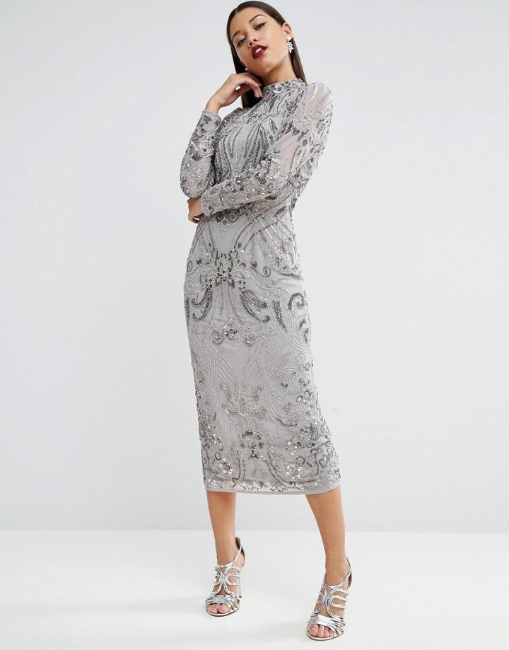 Asos Red Carpet High Neck Embellished Floral Midi Dress - Gray