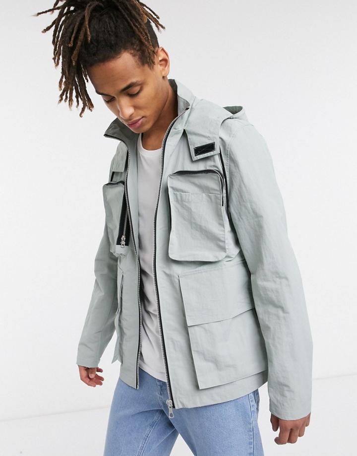 Asos Design Windbreaker With Utility Pockets In Gray-grey