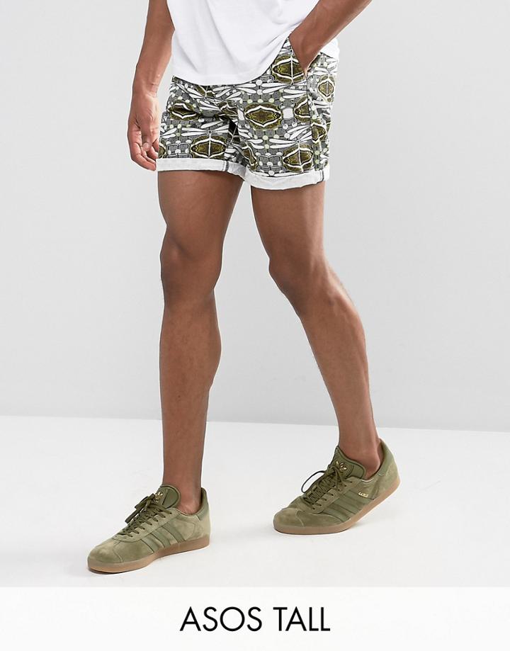 Asos Tall Slim Shorter Chino Shorts With Dragonfly Print - Green