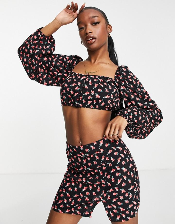 Trendyol Square Neck Crop Top And Mini Skirt In Rose Print Set-multi