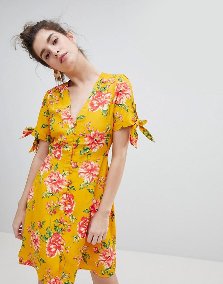 Neon Rose Tea Dress With Tie Sleeves In Vintage Bloom - Yellow
