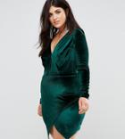 Club L Plus Velvet Plunge Front Dress With Wrap Skirt Detail - Green