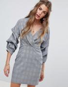 Love & Other Things V Neck Ruched Sleeve Dress - Gray