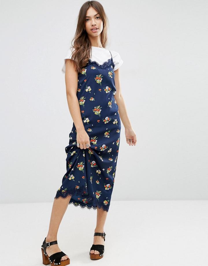 Asos Lace Trim Ditsy Cami Maxi Dress - Navy Floral