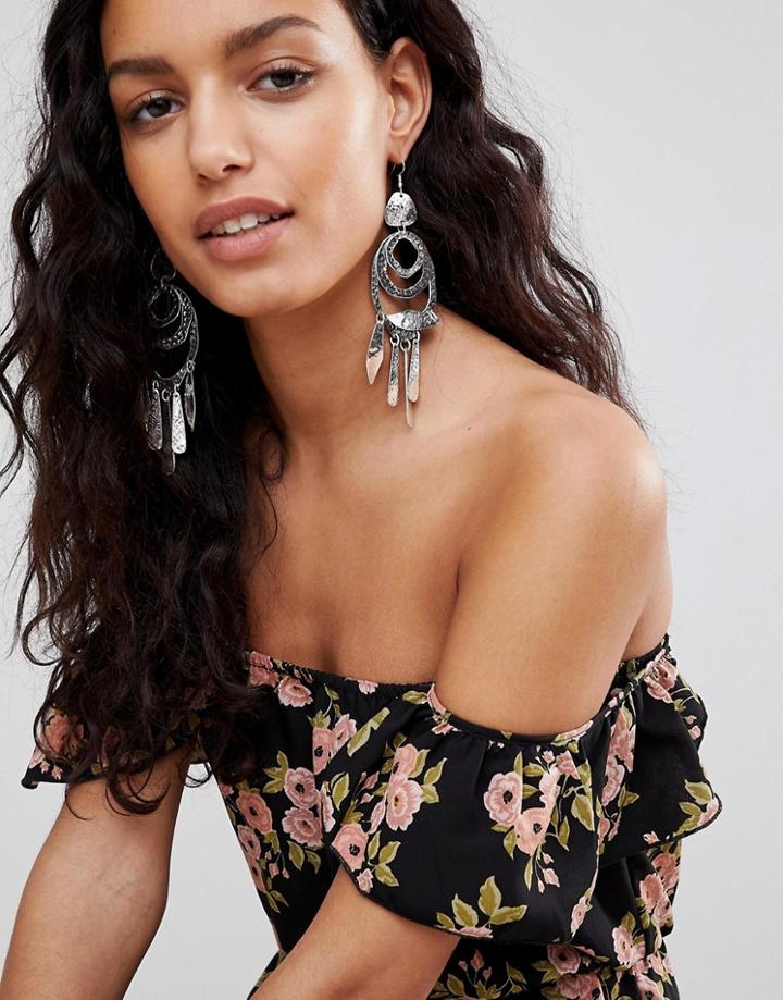 Asos Design Hammered Shape Stone Drop Earrings - Silver