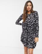 Asos Design Long Sleeve Pleated Smock Mini Dress In Black Floral Print-multi