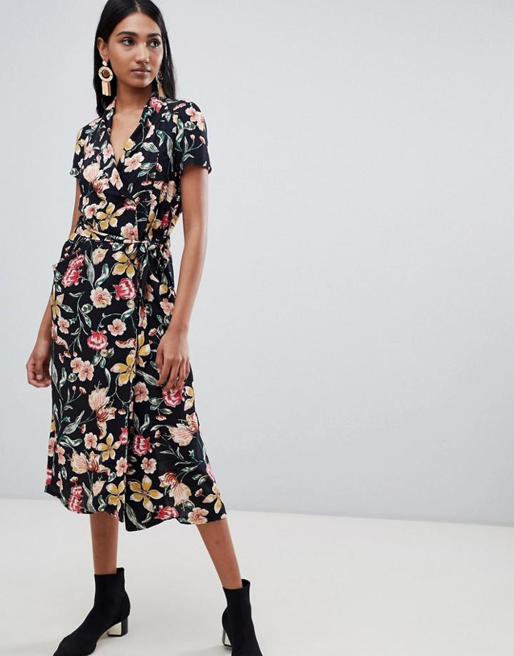 Mango Button Down Midi Dress In Dark Florals - Black