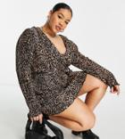 Asos Design Curve Plisse Frill Wrap Mini Dress In Leopard Print-multi
