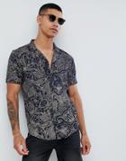 Boohooman Regular Fit Shirt With Revere Collar In Navy Print - Navy