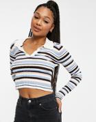 Miss Selfridge Blue And Chocolate Striped Irregular Ribbed Knit Polo Neck Crop Sweater-multi