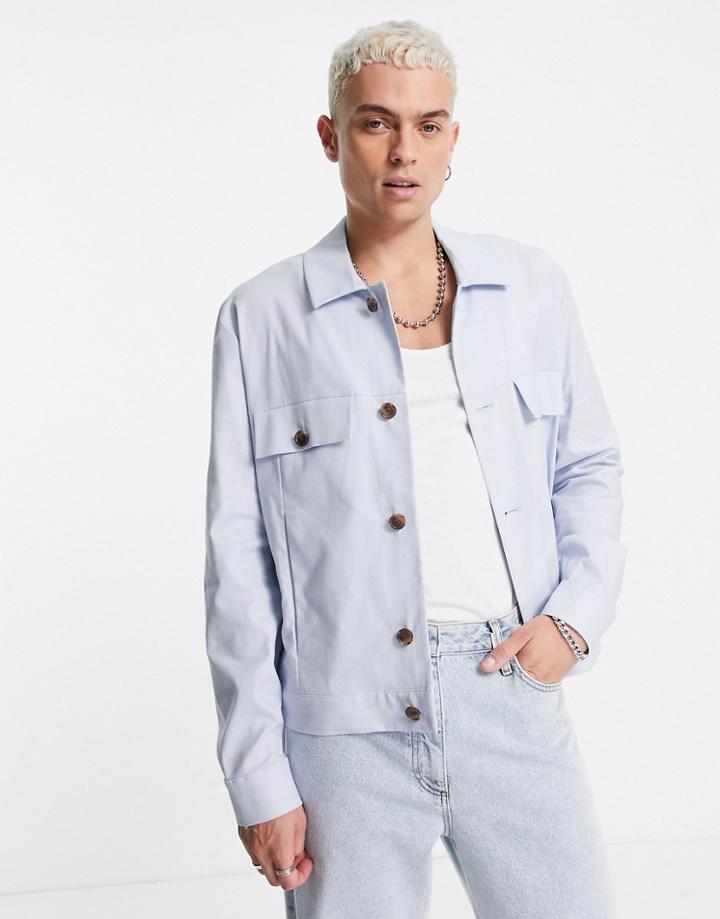 Asos Design Smart Trucker Jacket In Blue Cotton Linen - Part Of A Set-blues