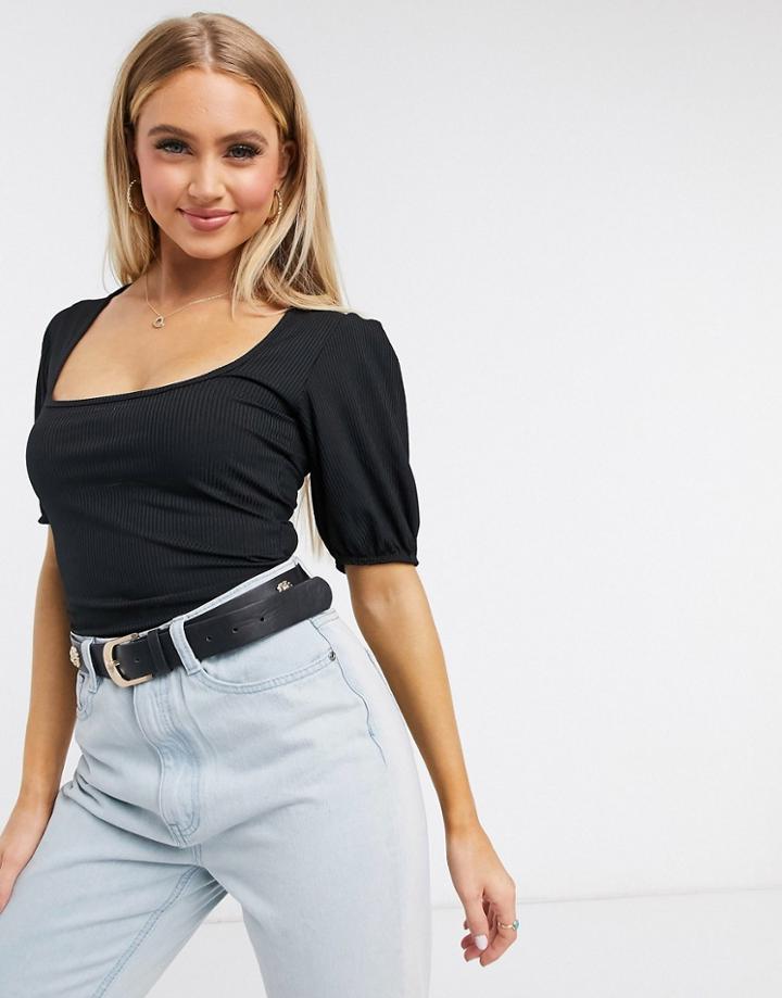 Missguided Puff Sleeve Milkmaid Top In Black