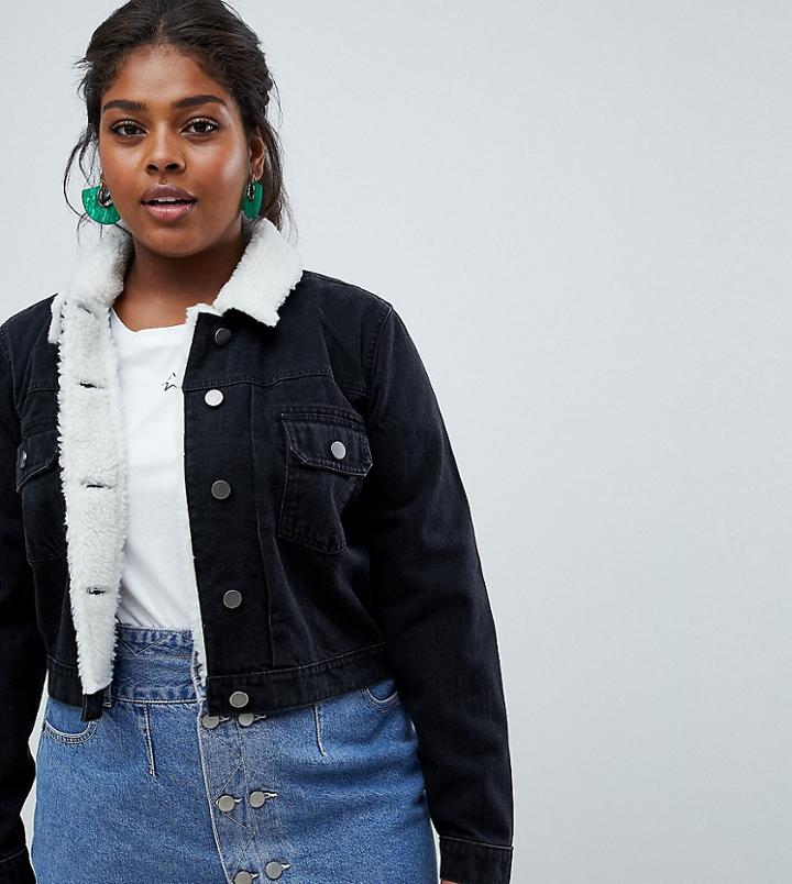 Asos Design Curve Denim Shrunken Jacket With Fleece Collar In Washed Black - Black