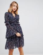 Walter Baker Dianna Floral Print Layered Dress-navy