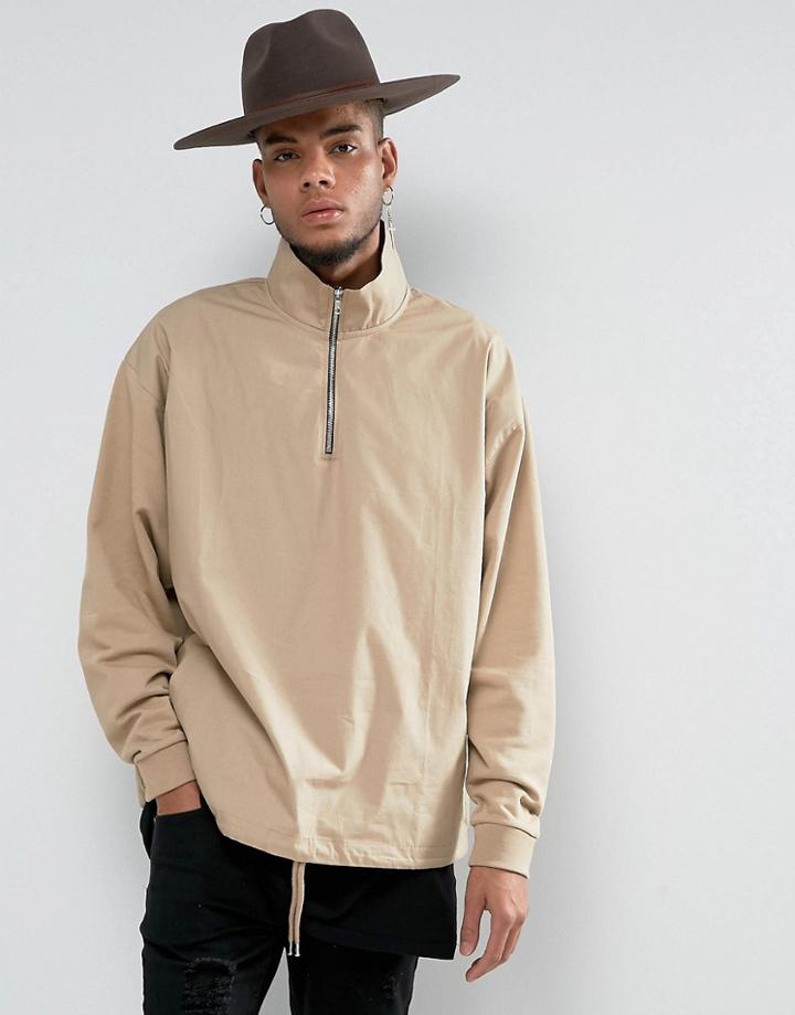 Asos Woven Half-zip Sweatshirt With Funnel Neck In Beige - Beige