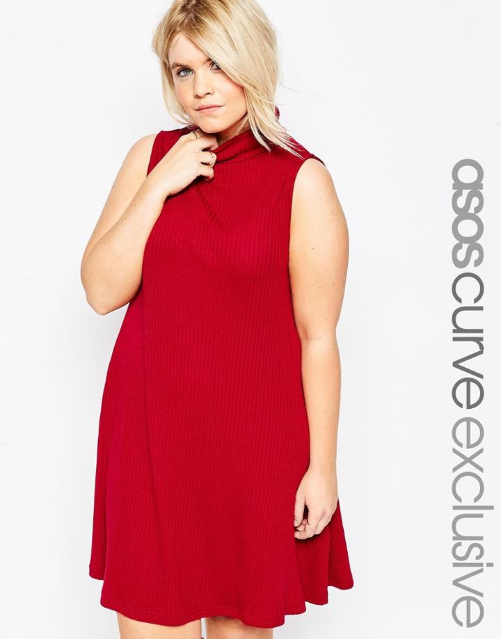 Asos Curve Turtleneck Swing Dress In Rib - Berry