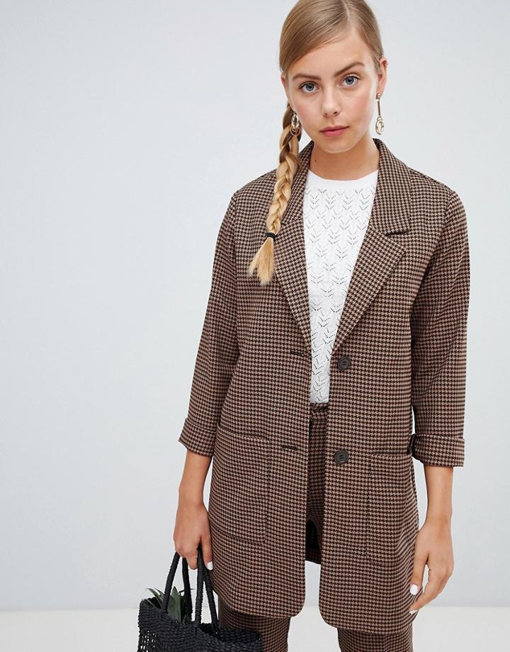 Monki Longline Blazer In Brown Check Print - Brown