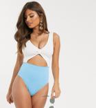Peek & Beau Fuller Bust Exclusive Cut Out Swimsuit In White And Blue Rib-multi