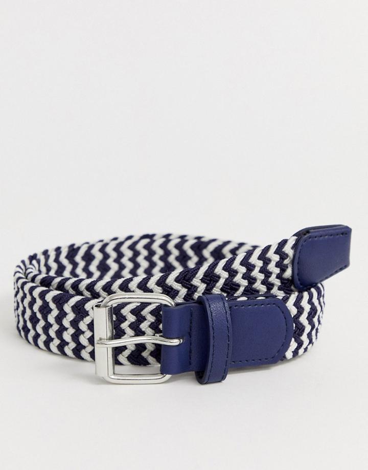 Asos Design Slim Woven Belt In Navy And White - Navy