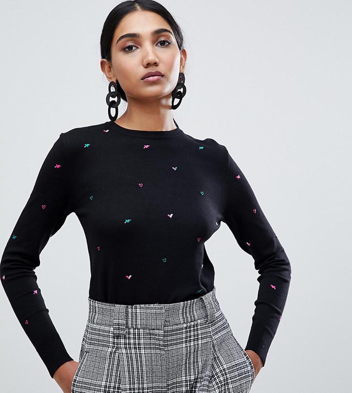 Warehouse Heart Embroidered Sweater In Black - Black