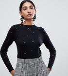 Warehouse Heart Embroidered Sweater In Black - Black