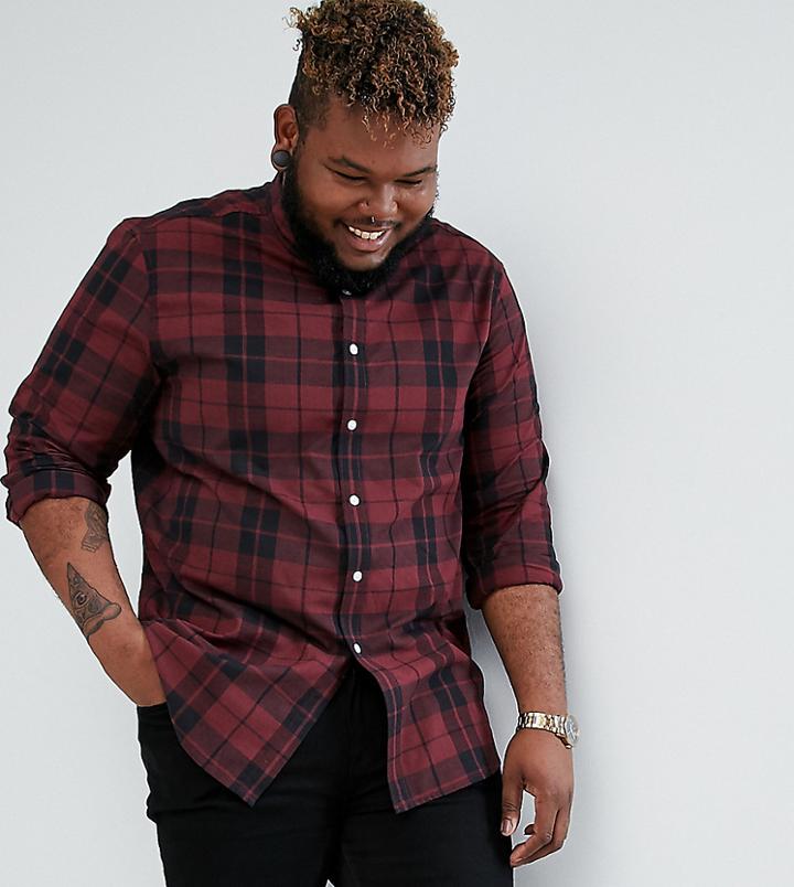 Asos Plus Stertch Slim Poplin Check Shirt In Burgundy - Red