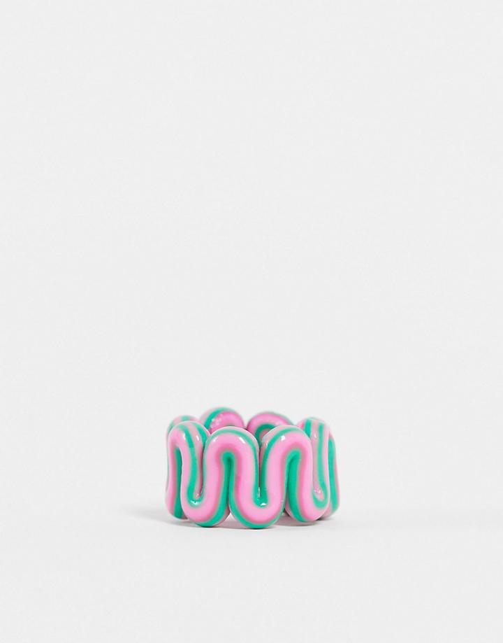 Asos Design Ring In Plastic Chubby Swiggle Design In Green And Pink Marble-multi