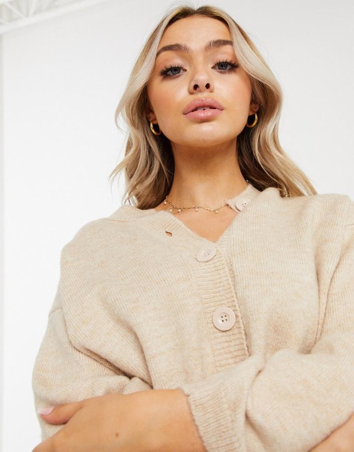 Asos Design Fluffy Cardigan With Crewneck In Oatmeal-neutral