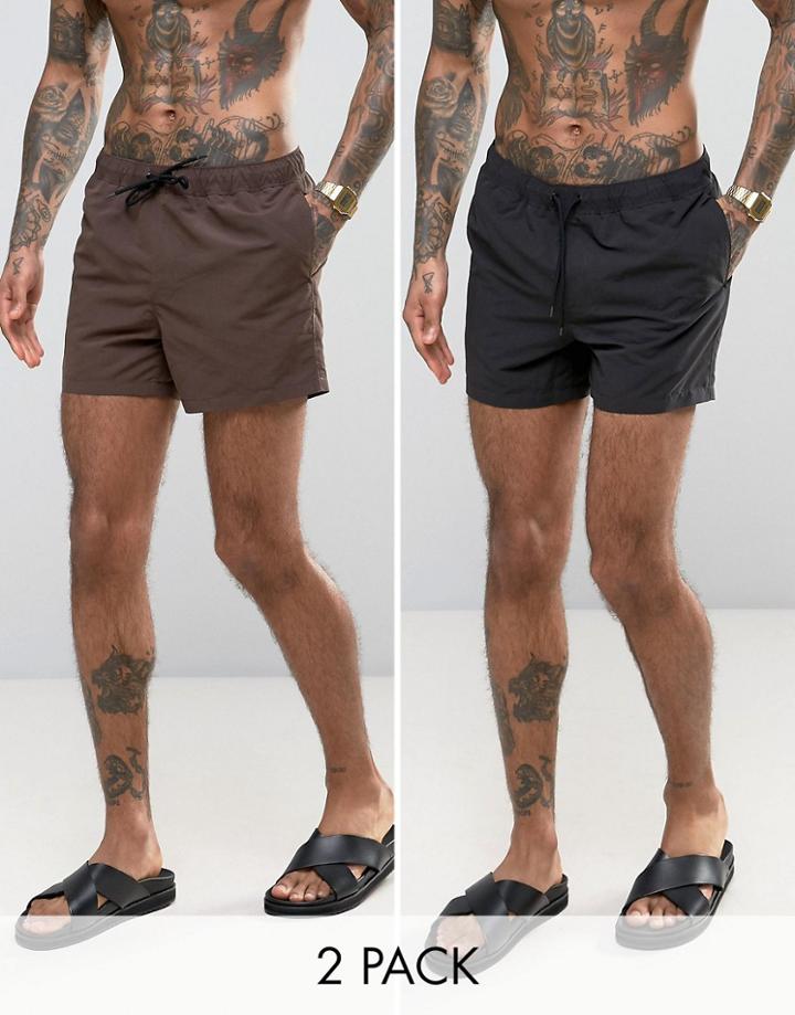 Asos Swim Shorts 2 Pack In Black & Brown Short Length Save - Multi