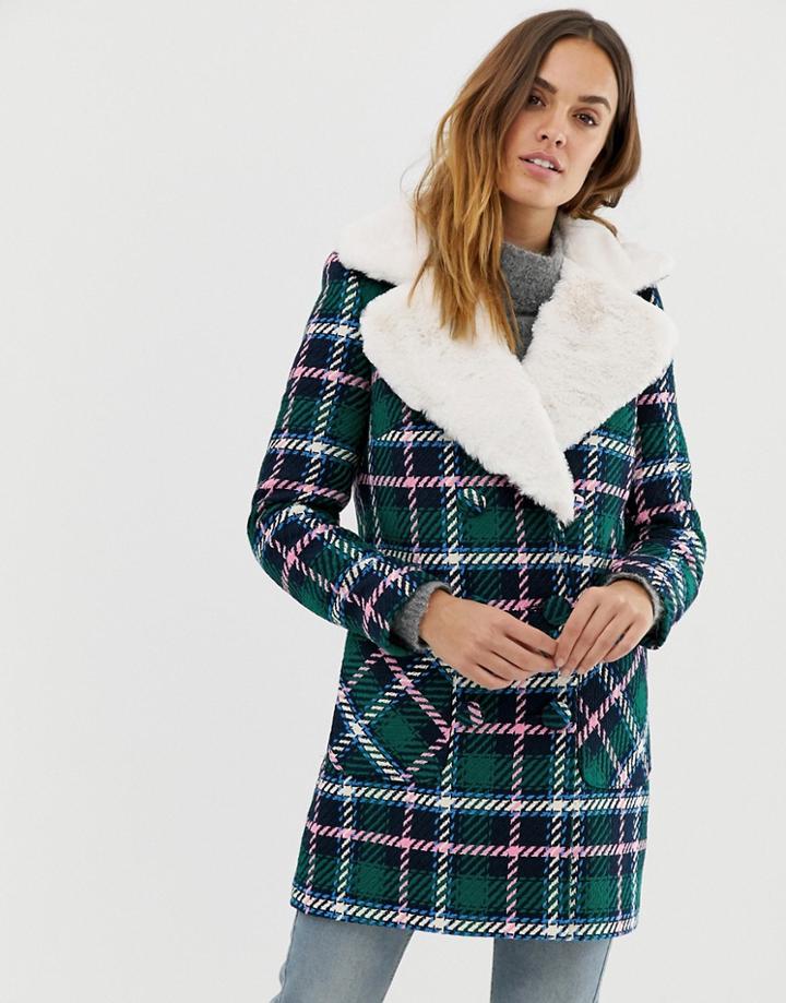Naf Naf Check Coat With Faux Fur Collar - Multi