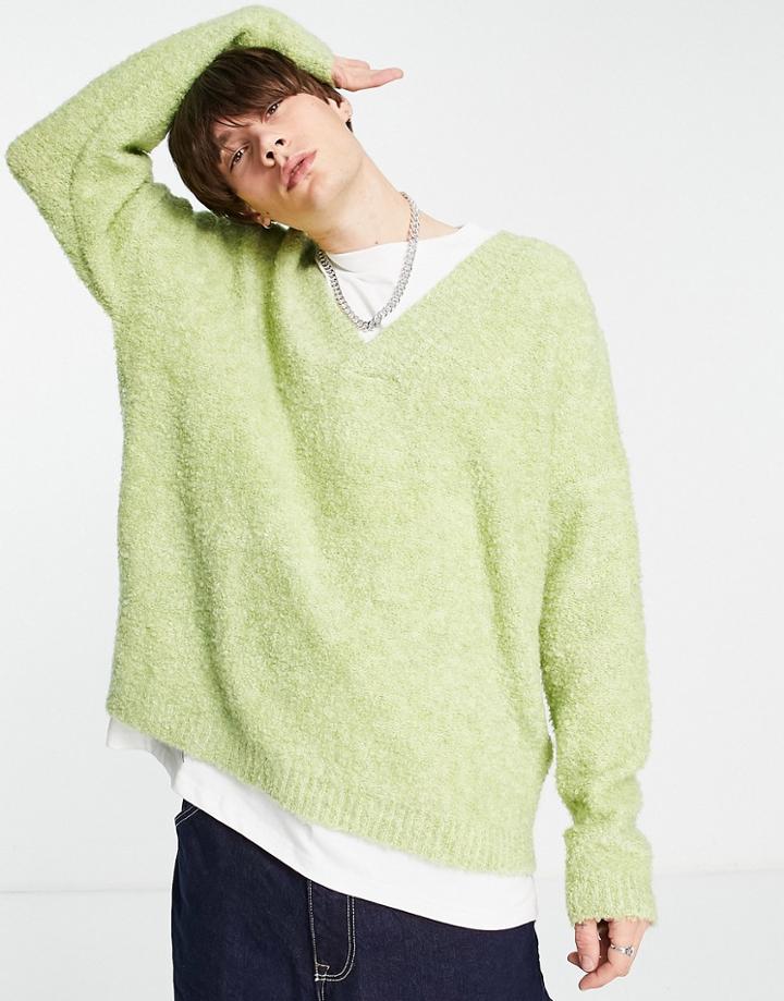 Asos Design Knitted Soft Plush Yarn V-neck Sweater In Green