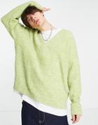 Asos Design Knitted Soft Plush Yarn V-neck Sweater In Green