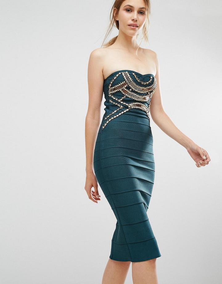 Forever Unique Davina Bandeau Bandage Dress With Jewels - Green