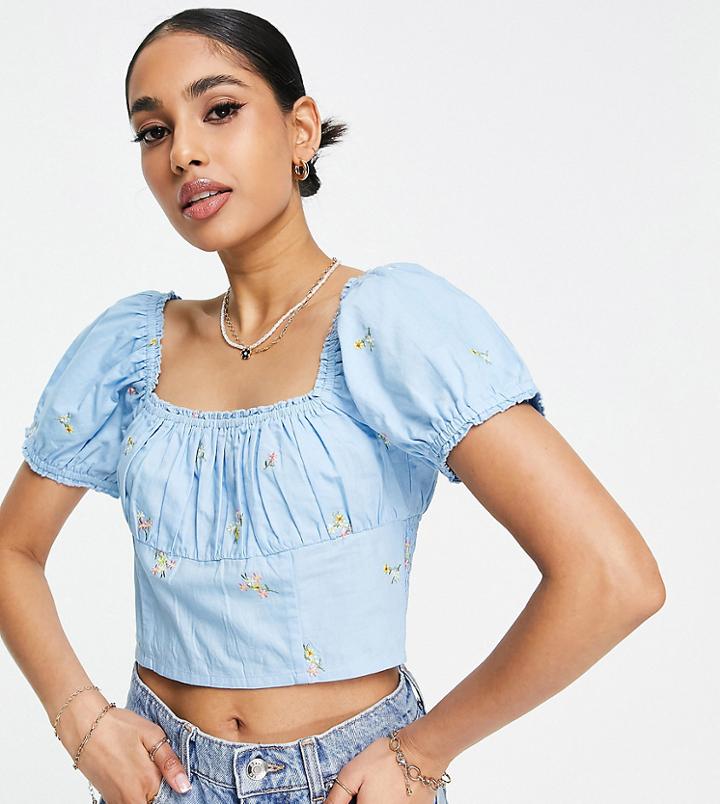 Miss Selfridge Petite Embroidered Gathered Crop Top In Blue