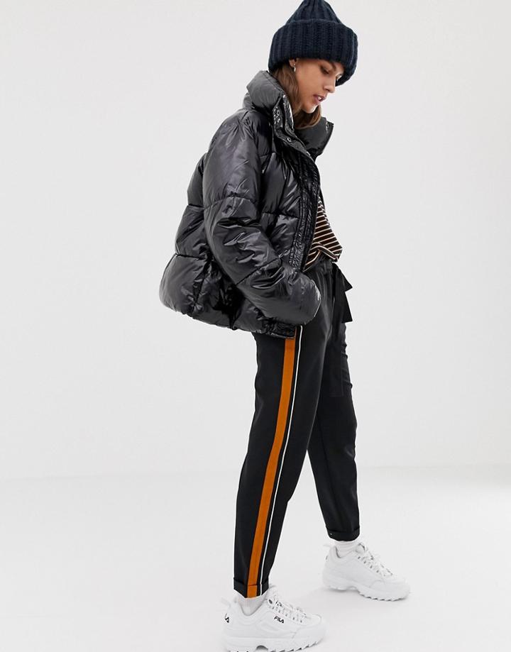 Pull & Bear Side Stripe Tie Waist Pants - Black