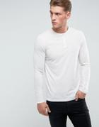 Asos Long Sleeve T-shirt With Grandad Neck In Linen Mix Fabric - White