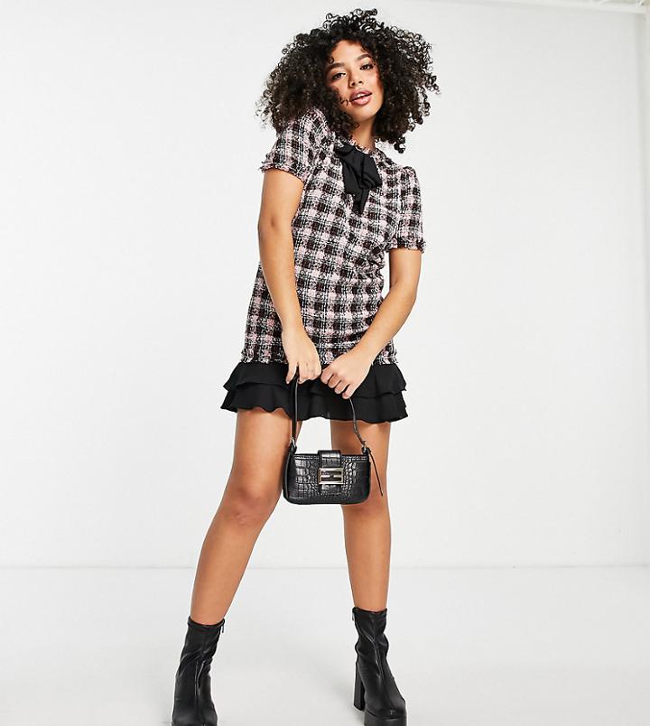 River Island Petite Boucle Check Bow Mini Dress In Pink
