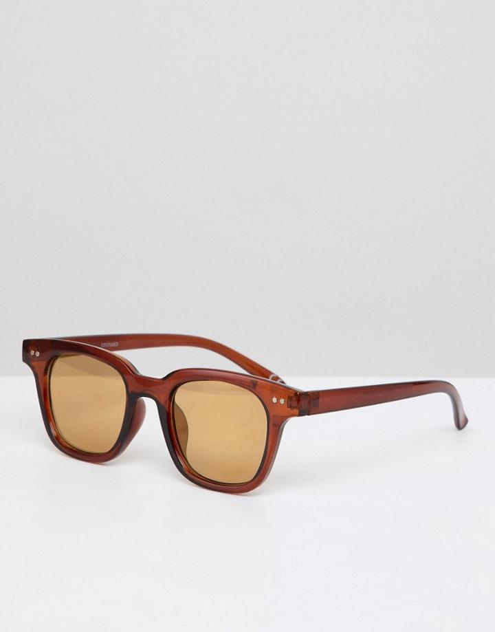 Asos Design Square Sunglasses In Crystal Brown With Gold Mirrored Lens - Brown