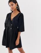 Asos Design V Front V Back Casual Smock Mini Dress With Buttons - Black